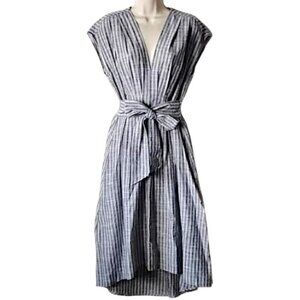 Max Studio Retro V-Neck Pinstriped Flare Midi Dress S Smocked Waist Pockets
